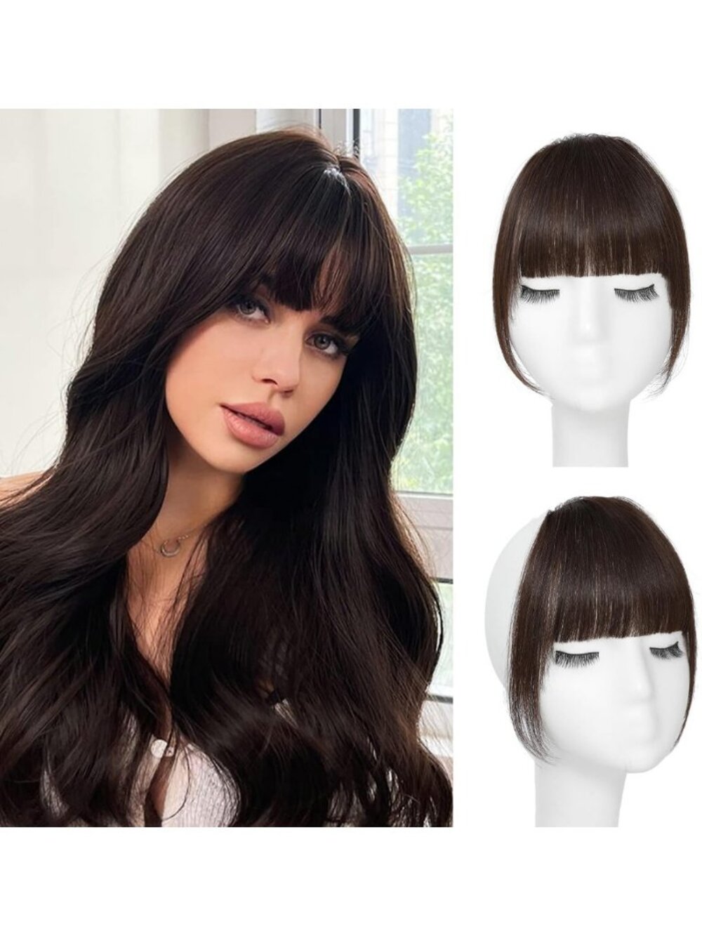 Dark Brown Clip-In Bangs | Real Human Hair French Curtain Fringe Extensions